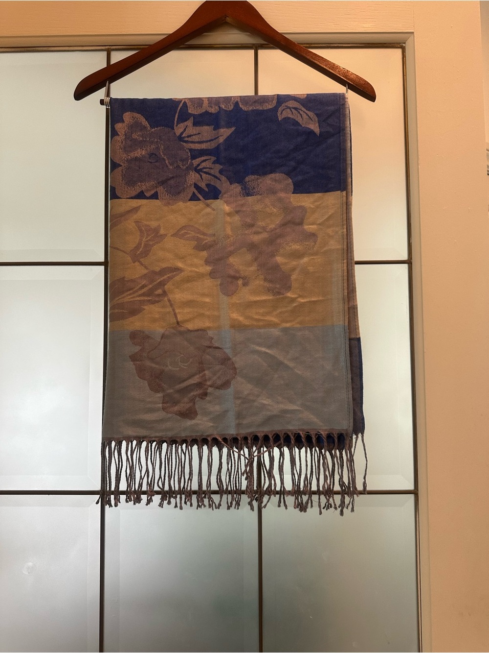 Floral Pattern Fringe Scarf Shawl Hijab in Blue and Taupe